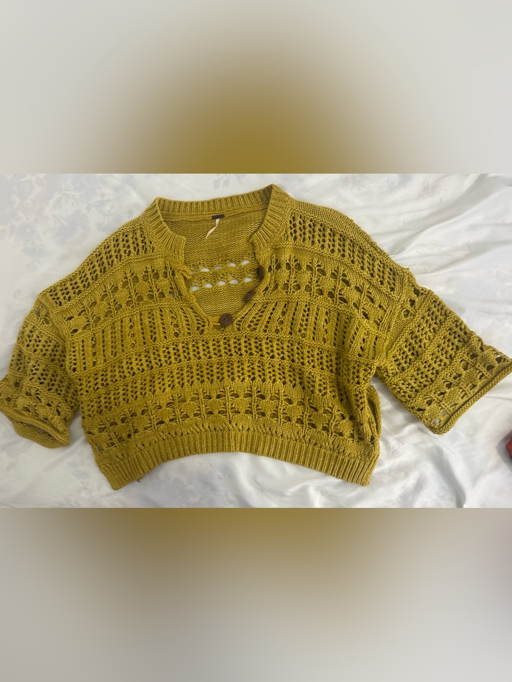 Free People Dreams Tonight Open Knit Crop Sweater Oversized Size XS Dark Yellow - Picture 6 of 6
